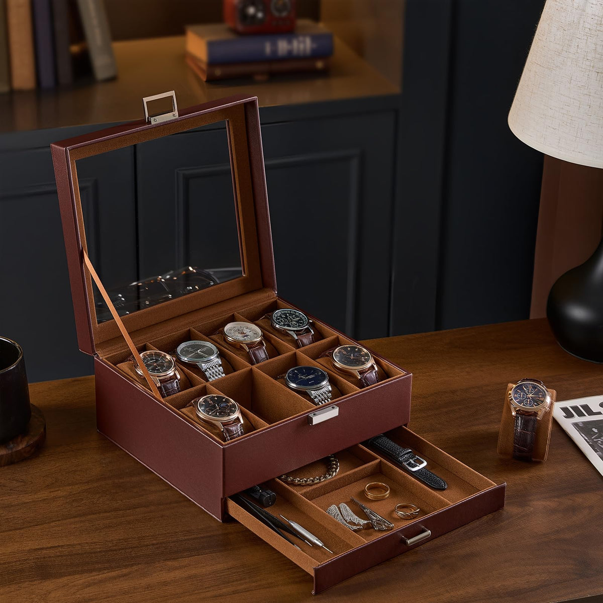 ProCase Watch Case, 8 Slot Mens Watch Box Holder Organizer with Glass Lid, 2-Layer Watches Display Case, Mens Jewelry Box with Drawer, Birthday Valentine Gifts for Men Women -8 Slot, Espresso