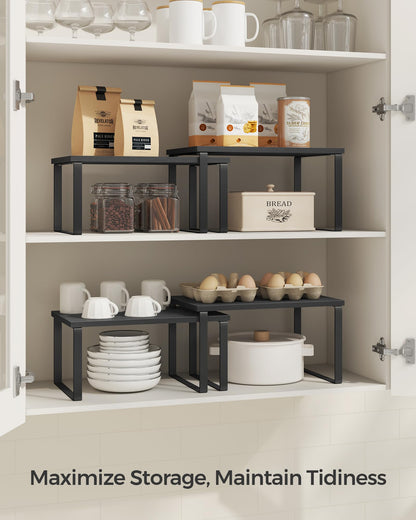SONGMICS Cabinet Organizer Shelf, Set of 2 Kitchen Counter Shelves, Kitchen Storage, Spice Rack, Stackable, Expandable, Metal and Engineered Wood, Ink Black and Natural Beige UKCS02NB