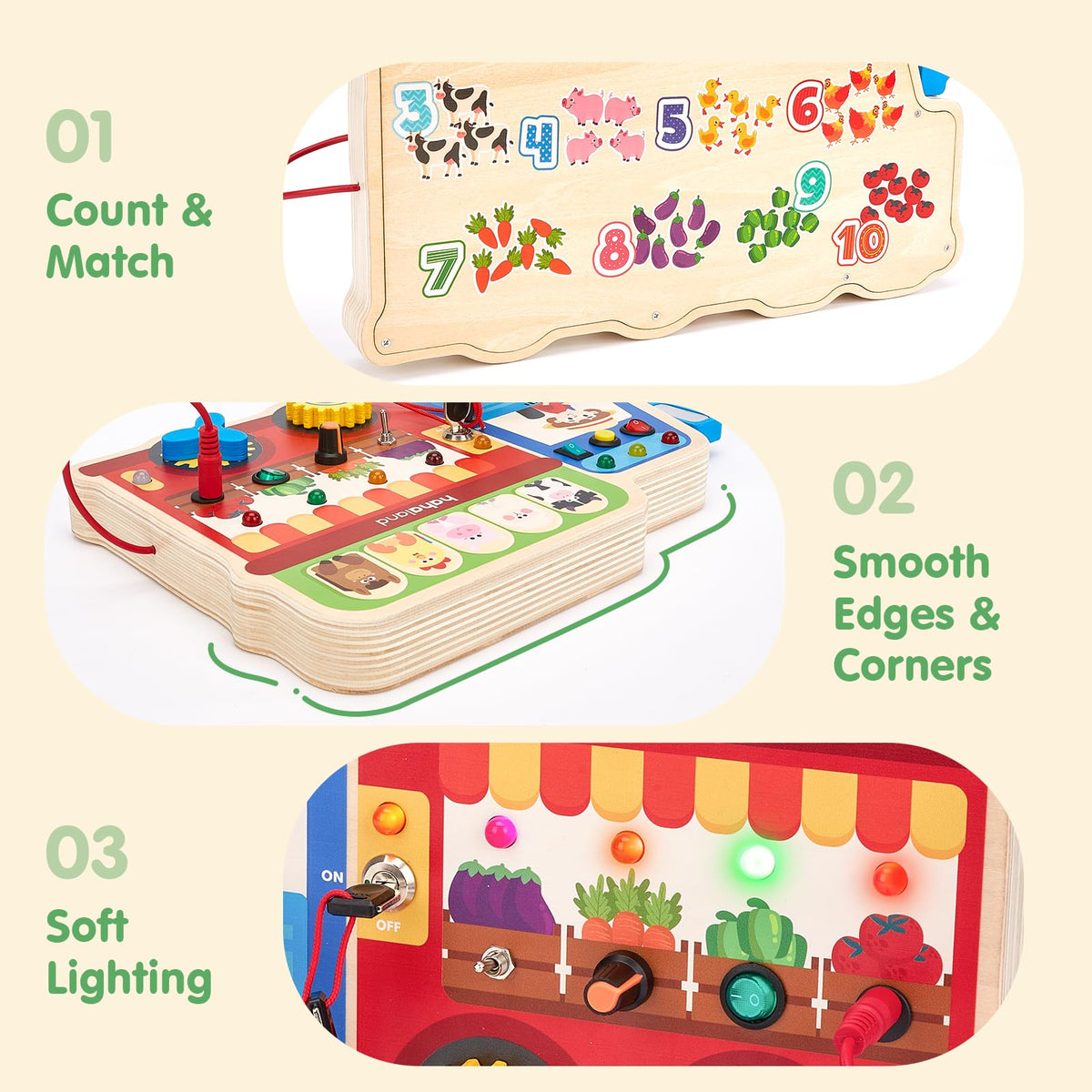 hahaland Montessori Busy Board for Toddlers 3-5, 18-in-1 Wooden Sensory Activity Board with LED Lights & Switches, Educational Montessori Toy for Fine Motor Skills, Kids Gift