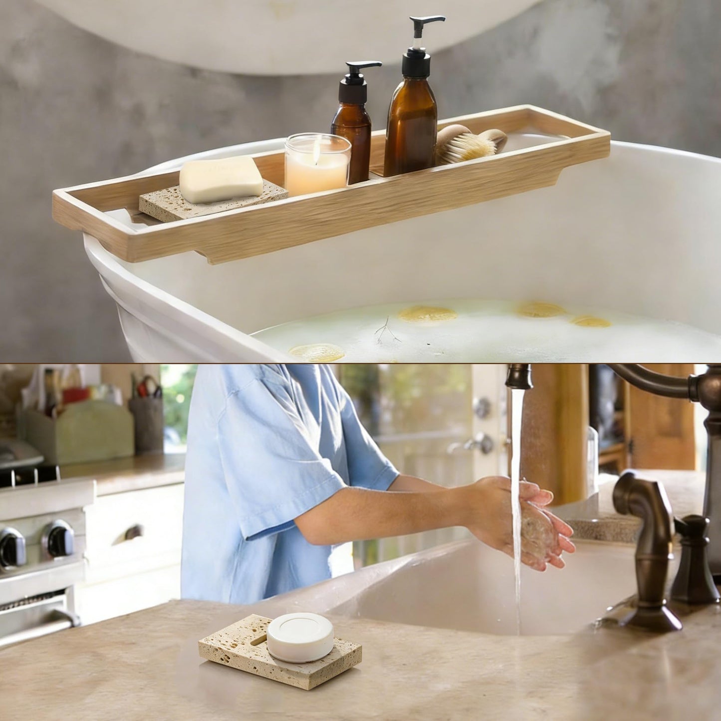Natural Marble Soap Dish for Shower Stone Tray Small Bar Soap Holder with Self Draining | Non-Slip, Luxury Bath Room Accessories, Sponge Dish Scrubbers Tray for Kitchen Sink Counter Top (Travertine)