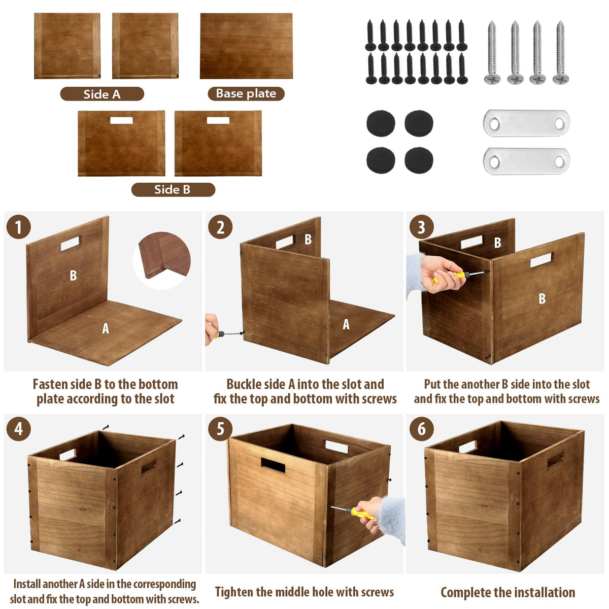 Menkxi 4 Pcs Stackable Wood Storage Cube for Shelves Closet Wooden Bins Box Wood Crates Storage Baskets Container for Toy Books Clothes Home Office, Dark Brown(14 x 10 x 10 Inch)