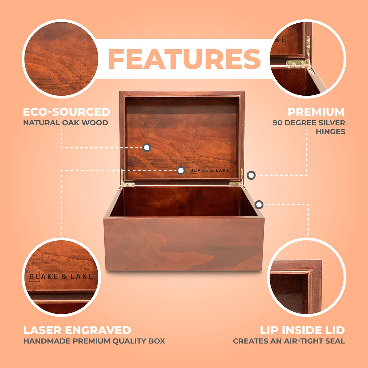 Blake & Lake Large Box with Hinged Lid - Wood Storage Box with Lid - Wooden Keepsake Decorative boxes with lids (Dark Oak)