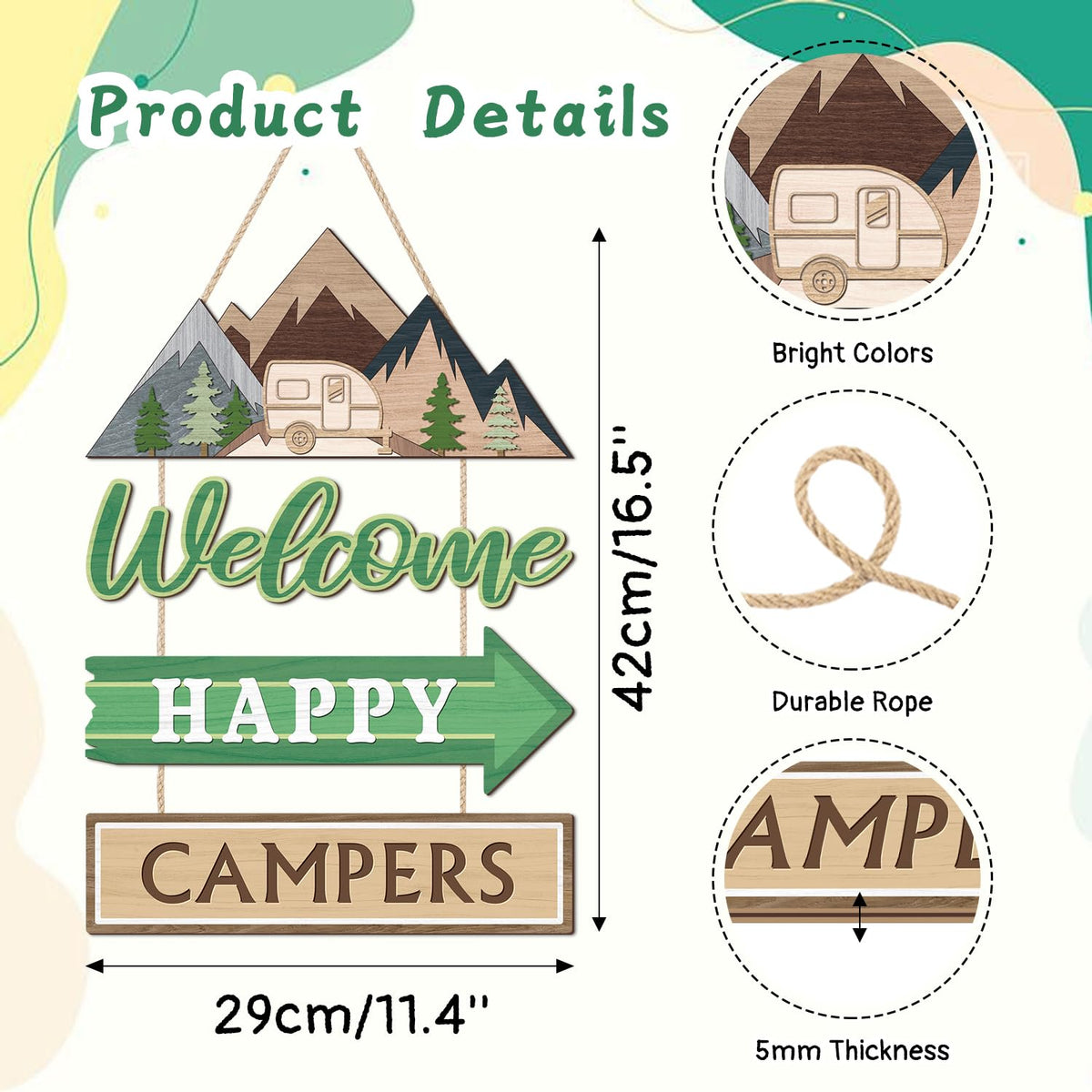 TOARTi 4Pcs Welcome Happy Camper Porch Sign Camping Party Decoration Camping Welcome Hanging Signs for Camper Backyard Outdoor Decor Adventure Quote Wooden Plaque