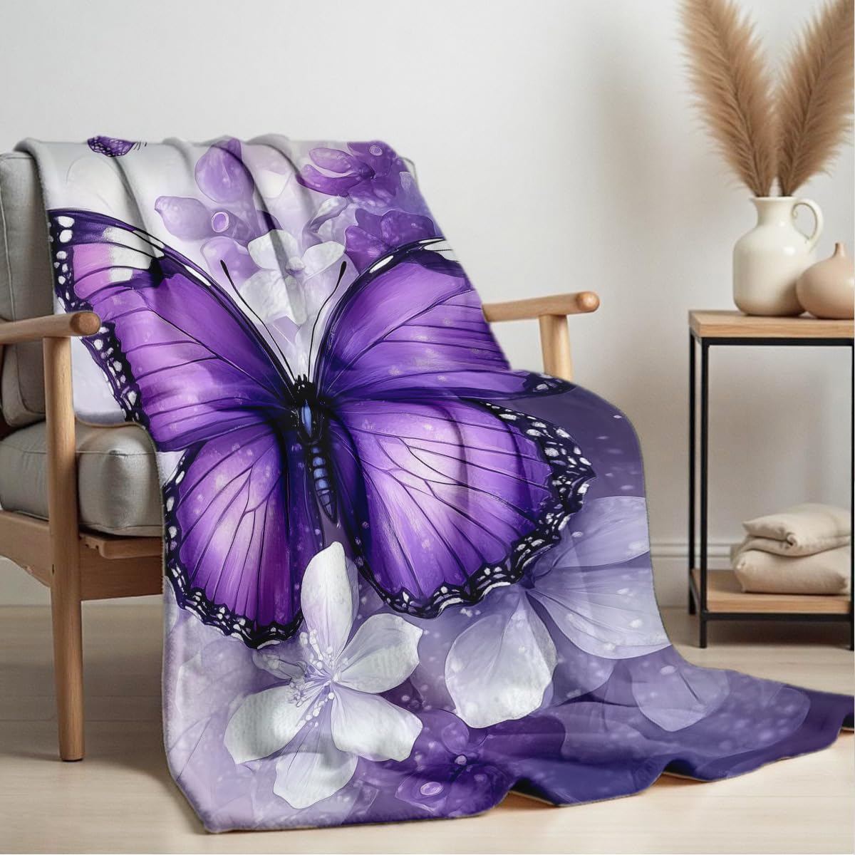 HUNXIAOJ Printed Bed Blanket Purple Butterfly Throws Soft Flannel Blanket Butterfly Gifts for Adults Kids Couch Butterflies Decor for Sofa Bed Office (49"x59")