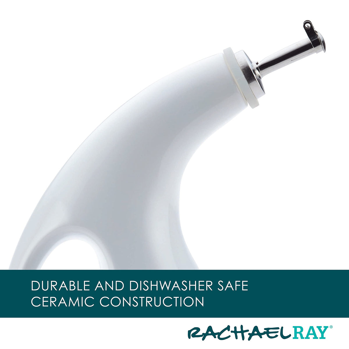Rachael Ray Ceramic EVOO Oil and Vinegar Dispensing Bottle with Spout, 24 Ounce, White