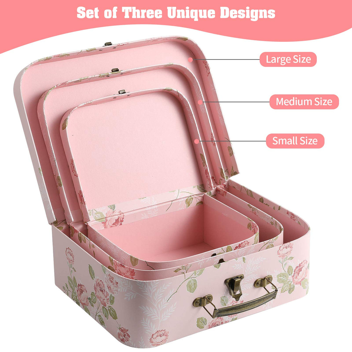 Anndason Set of 3 Paperboard Suitcases Storage Box Storage Gift Boxes With Lids for Photo Storage Home Decoration, Wedding, Birthday, Anniversary and New Year Gift Decoration (3Pcs, Pink Flowers)