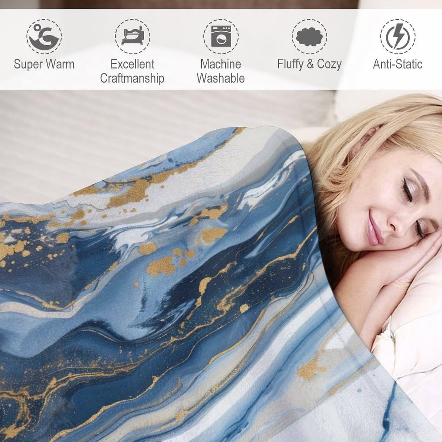 Marble Throw Blanket for Bed Sofa, 40"x50" Super Soft Warm Cozy Fluffy Plush Blanket, Modern Luxury Foil Texture Blue White Gold Marble Flannel Couch Blanket for Travel Camping