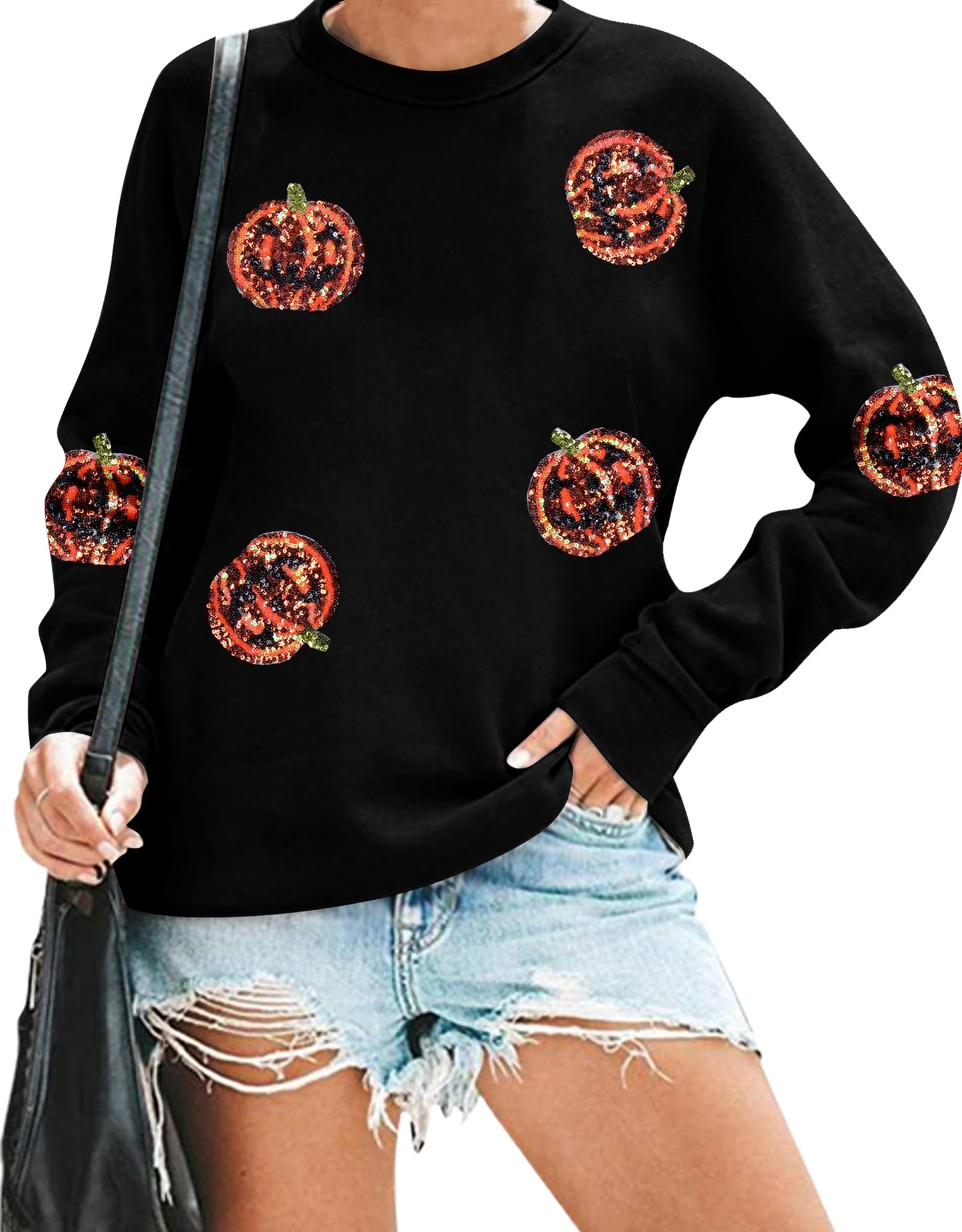 VILOVE Halloween Pumpkin Sequin Sweatshirt Women: Pumpkin Face Long Sleeve Tops Fall Pumpkin Hoodie Halloween Party Pullover Black