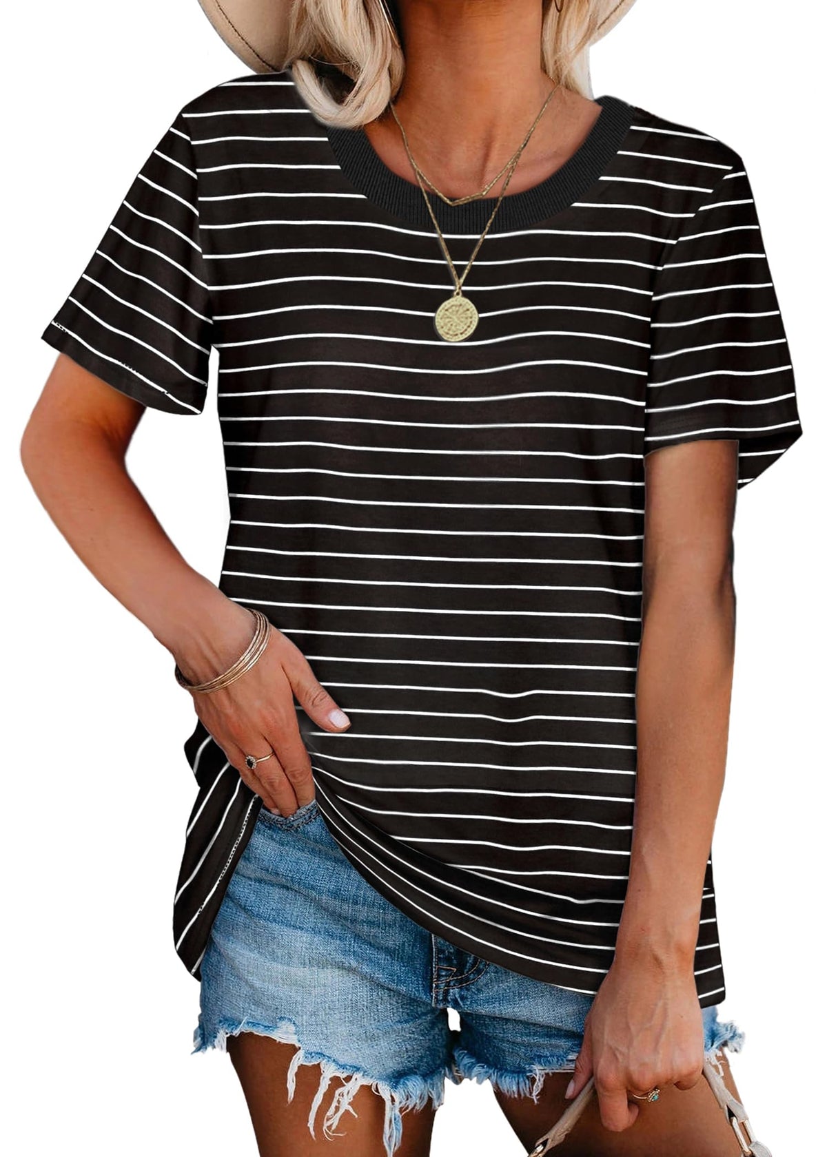Jescakoo Short Sleeve T Shirts for Women Loose Fit Crew Neck Striped Tops XL