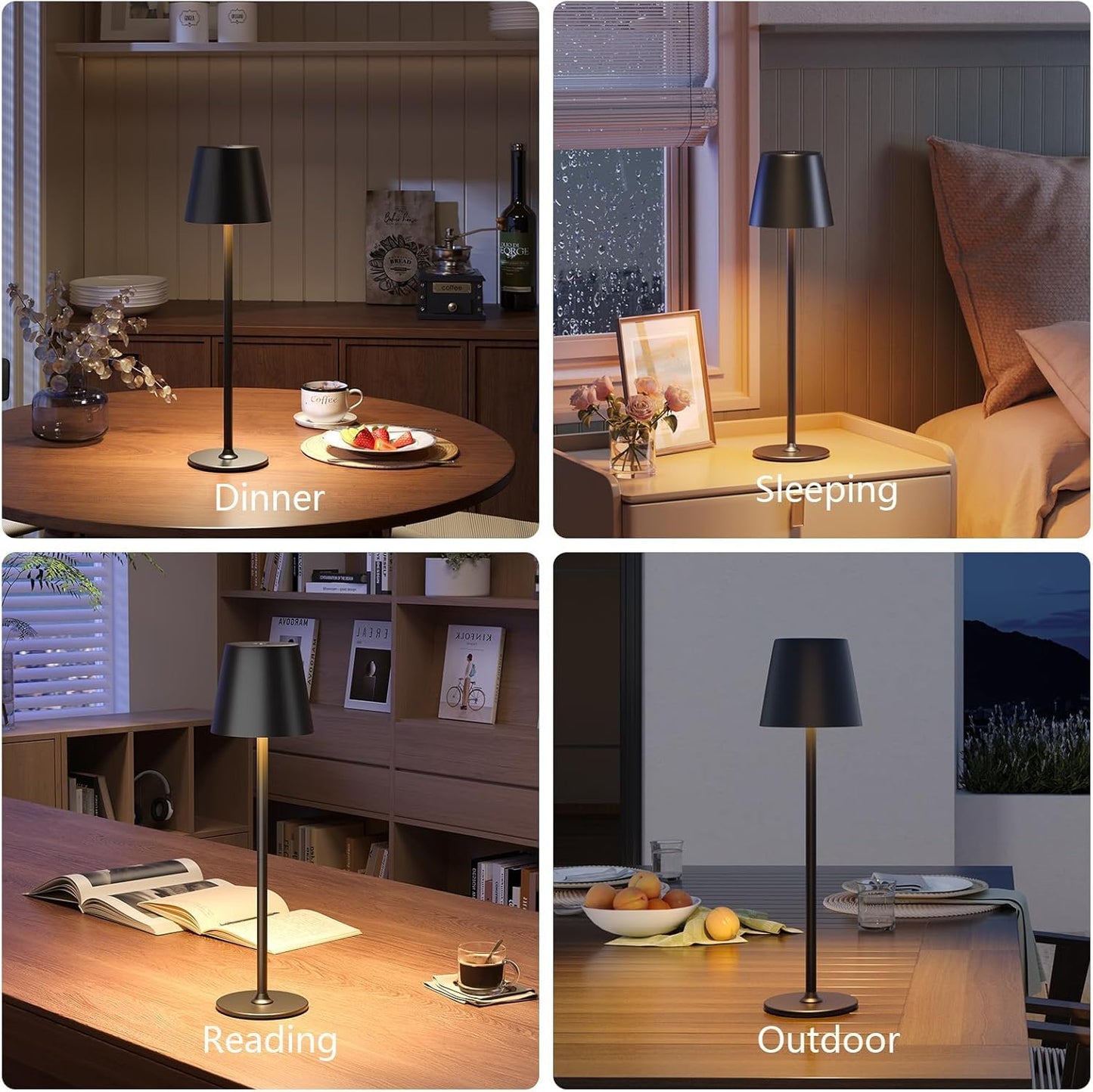 Holyask Cordless LED Table Lamp, Touch Dimmable Bedside Night Light, Rechargeable USB, Full Metal Body, Dual Battery, IP54 Waterproof – Black