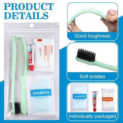 Hushee 48 Sets Personal Hygiene Kit Basic Toiletry Kit Homeless Care Package for Men Women Travel Charity Business Include Shampoo Toothbrush Toothpaste Comb and Bath(Light Green)