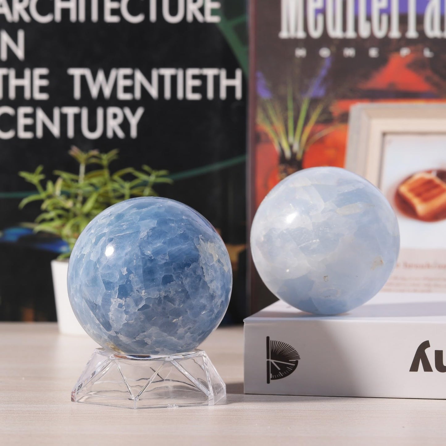 Rockcloud Natural Blue Celestite Crystal Ball with Acrylic Stand Polished Decorative Sphere Figurine Sculpture for Divination, 2.79-3.14 Inches