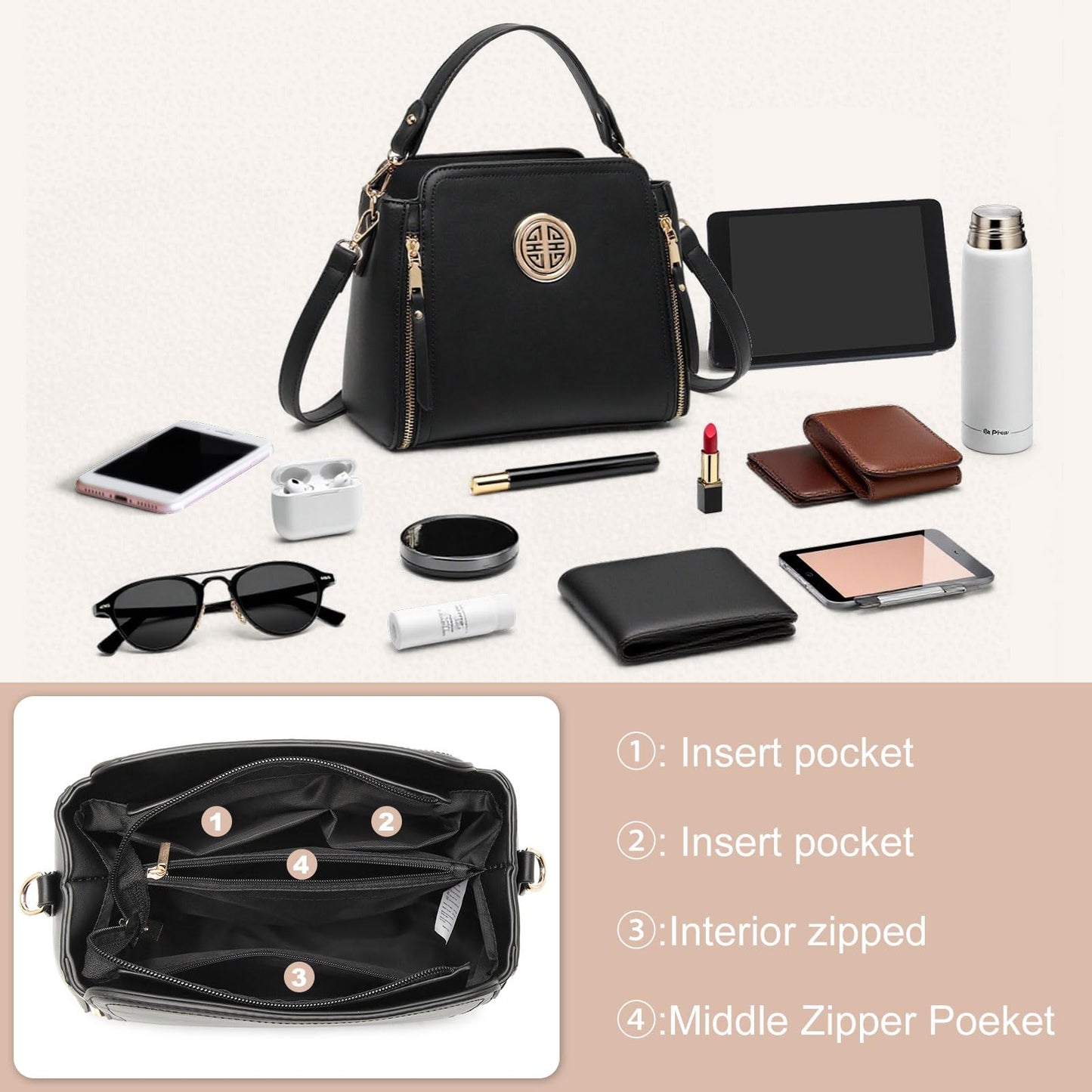 Miss Lulu Handbags for Women Cross Body Bag Girls Fashion Shoulder Bag PU Leather Top Handle (Black)