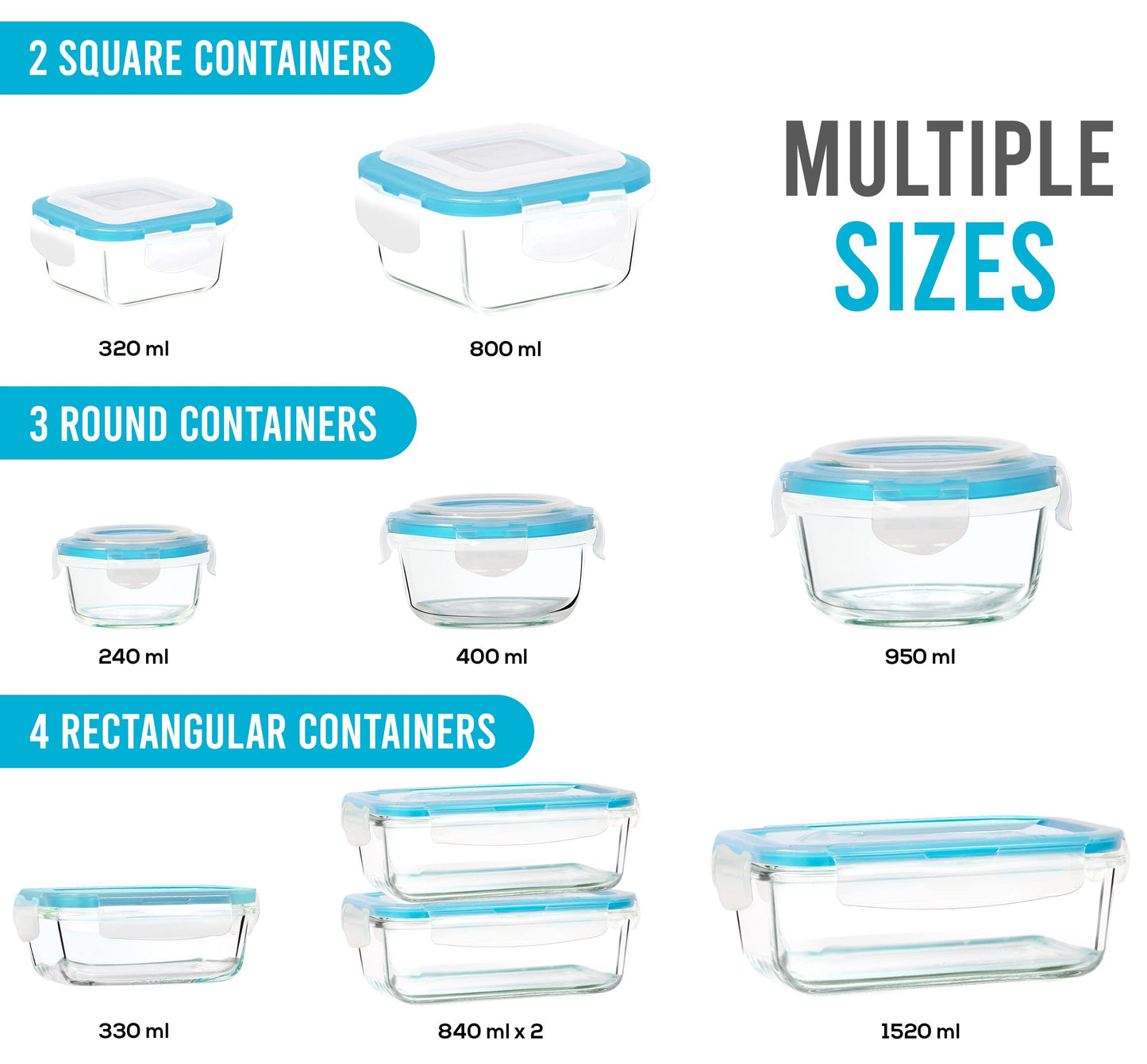 KICHLY Glass meal prep containers - Set of 18 pcs (9 Containers and 9 Lids) - Airtight Storage glass food containers with lids for Freezer - Snap locking, Dishwasher safe, Oven Friendly, & BPA Free
