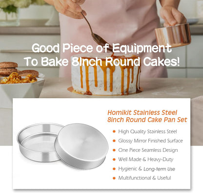 Homikit 8 Inch Round Cake Tin Set of 3, Stainless Steel Cake Mold Layer Cake Tins for Baking, Christmas Birthday Wedding Cake Pan Bakeware Set, Healthy & Mirror Finished & Dishwasher Safe