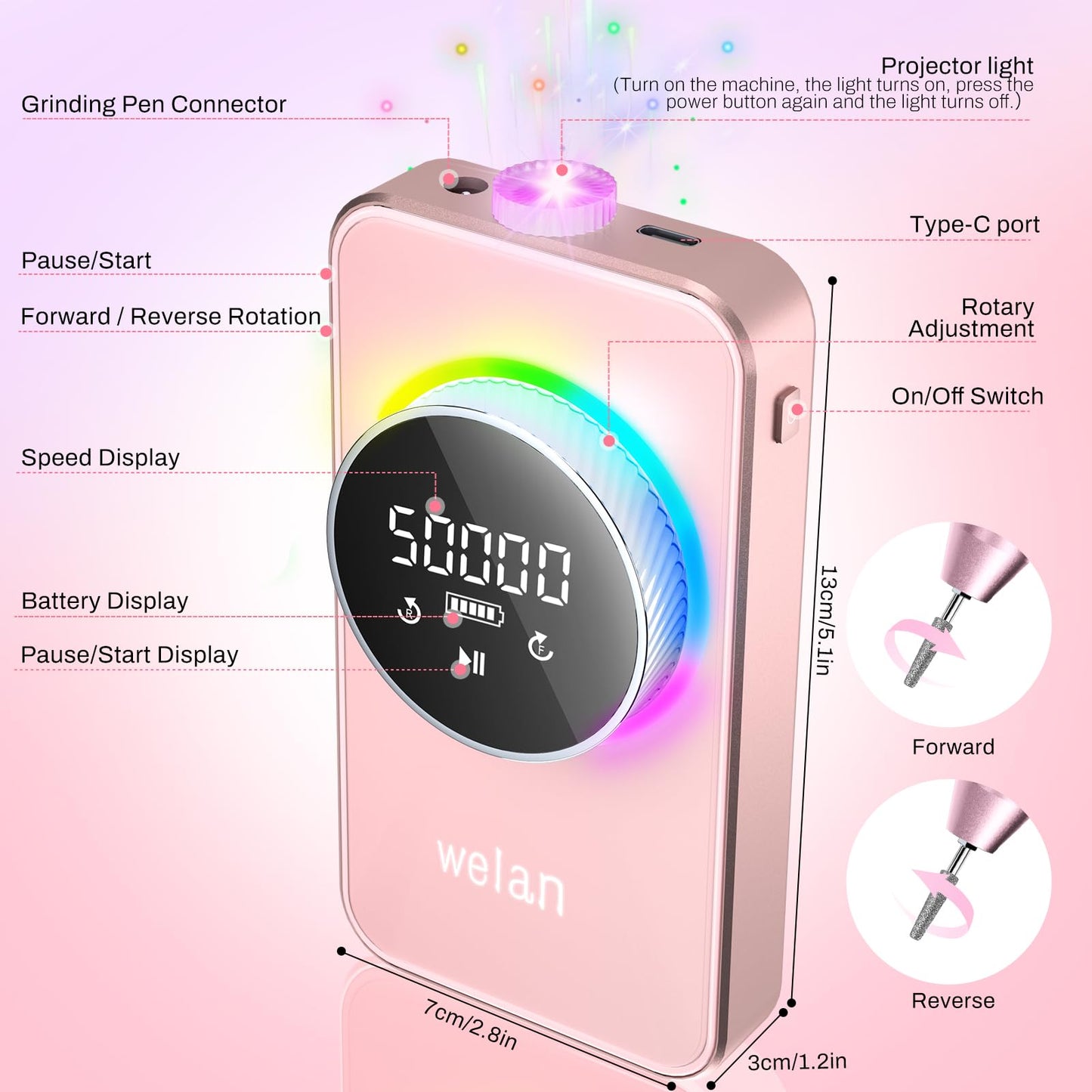 Electric Nail Drill Professional, 50000RPM Electric Nail File Portable Nail Drill Kit 6000mAh Rechargeable Machine for Acrylic Gel Nail, Manicure Pedicure Polishing Nail for Salon Home Purple