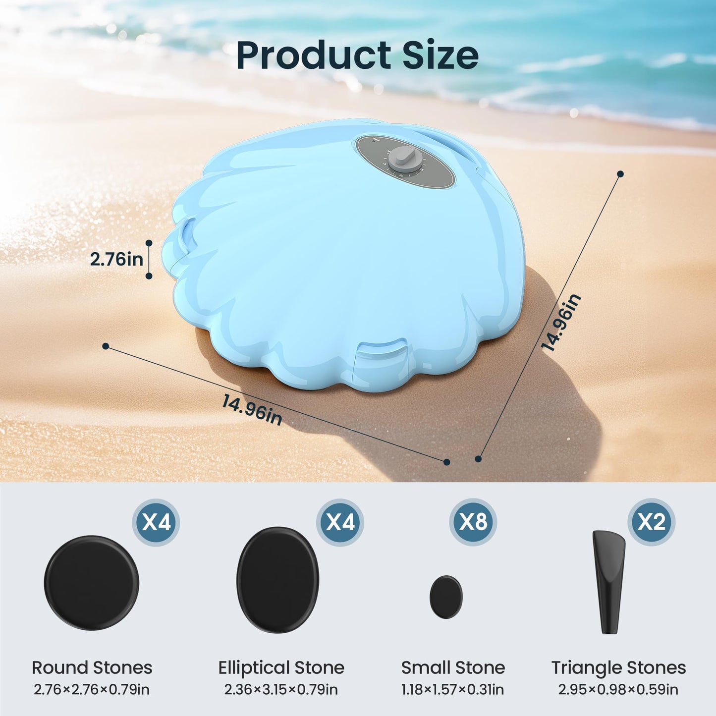 StateRiver Shell Hot Stones Massage Set, 18-Piece Basalt Hot Stones with Heater Kit, Featuring an Elegant Seashell Design for Spa Use. Perfect for Relaxation, Healing, and Pain Relief. （Blue）