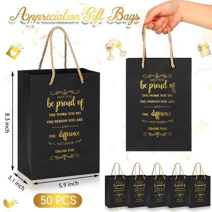 Fulmoon 50pcs Thank You Gifts Bags Employee Appreciation Pape Bags Bulk 5.9 x 3.1 x 8.3'' Inspirational May You Be Proud Gift Sack with Handle for Coworkers Teacher Valentine's Day(Black)