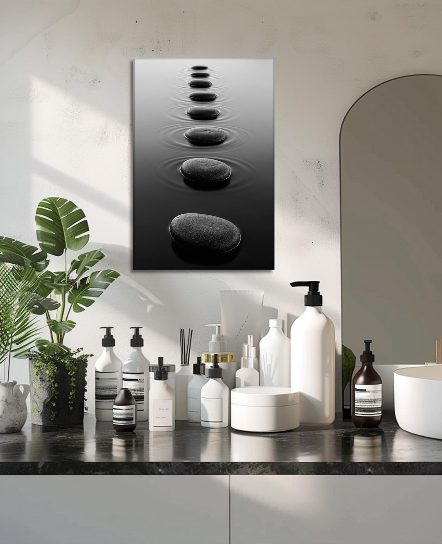 LYUNSHUO Zen Wall Art Bathroom Decor Black and White Canvas Prints Spa Stones on Water Picture Peaceful Scenery Artwork for Home Decor Frmaed(Zen-3,12.00"x18.00")