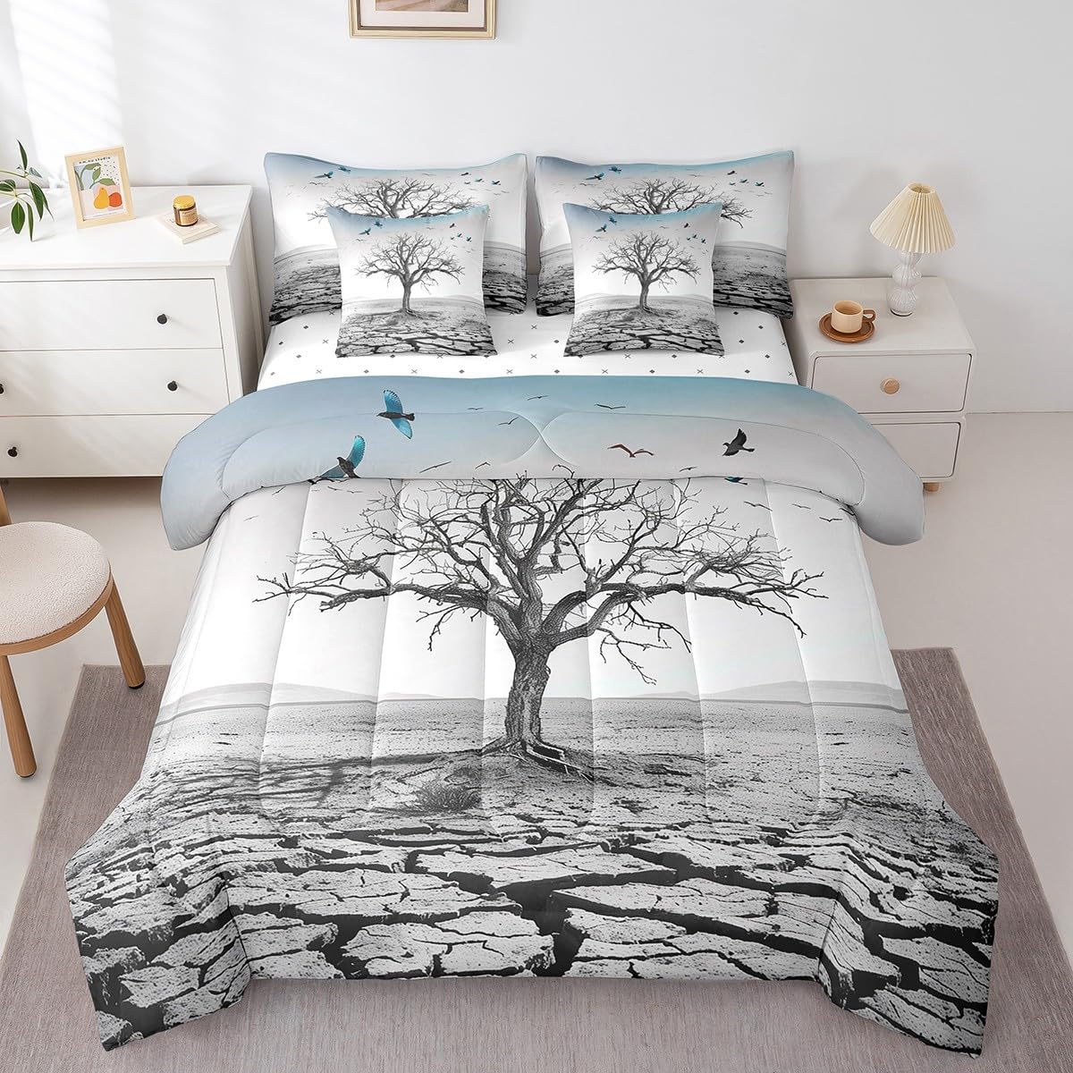 Homewish Natural Style Reversible Comforter Set 7 Piece King Size,Tree Branch Blue Birds Animal Print Bed Sheet Set Abstract Art Room Decor Modern Bedding Set with Comforter,Fitted & Flat Sheet