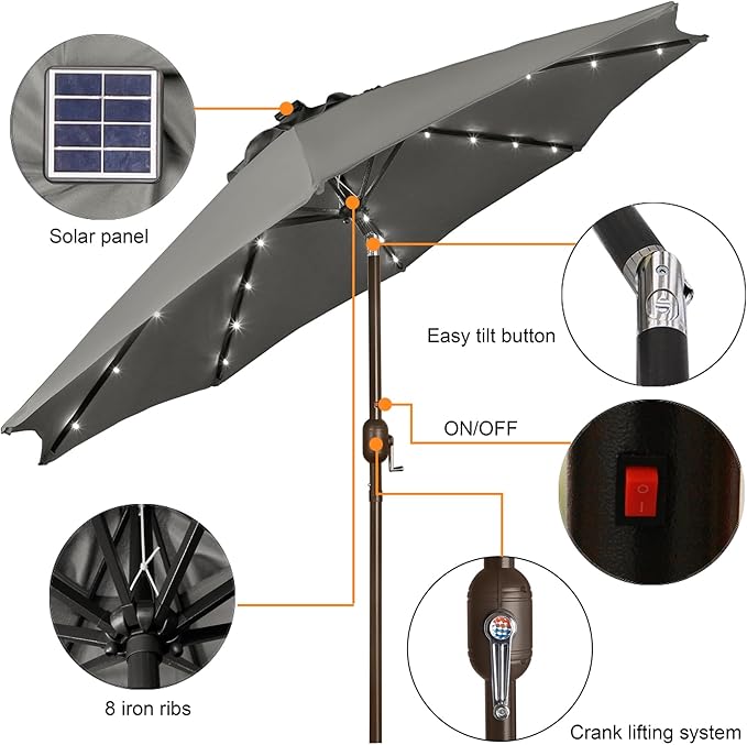 Blissun 9 ft Solar Umbrella, 32 LED Lighted Patio Umbrella, Table Market Umbrella, Outdoor Umbrella for Garden, Deck, Backyard, Pool and Beach (Grey)