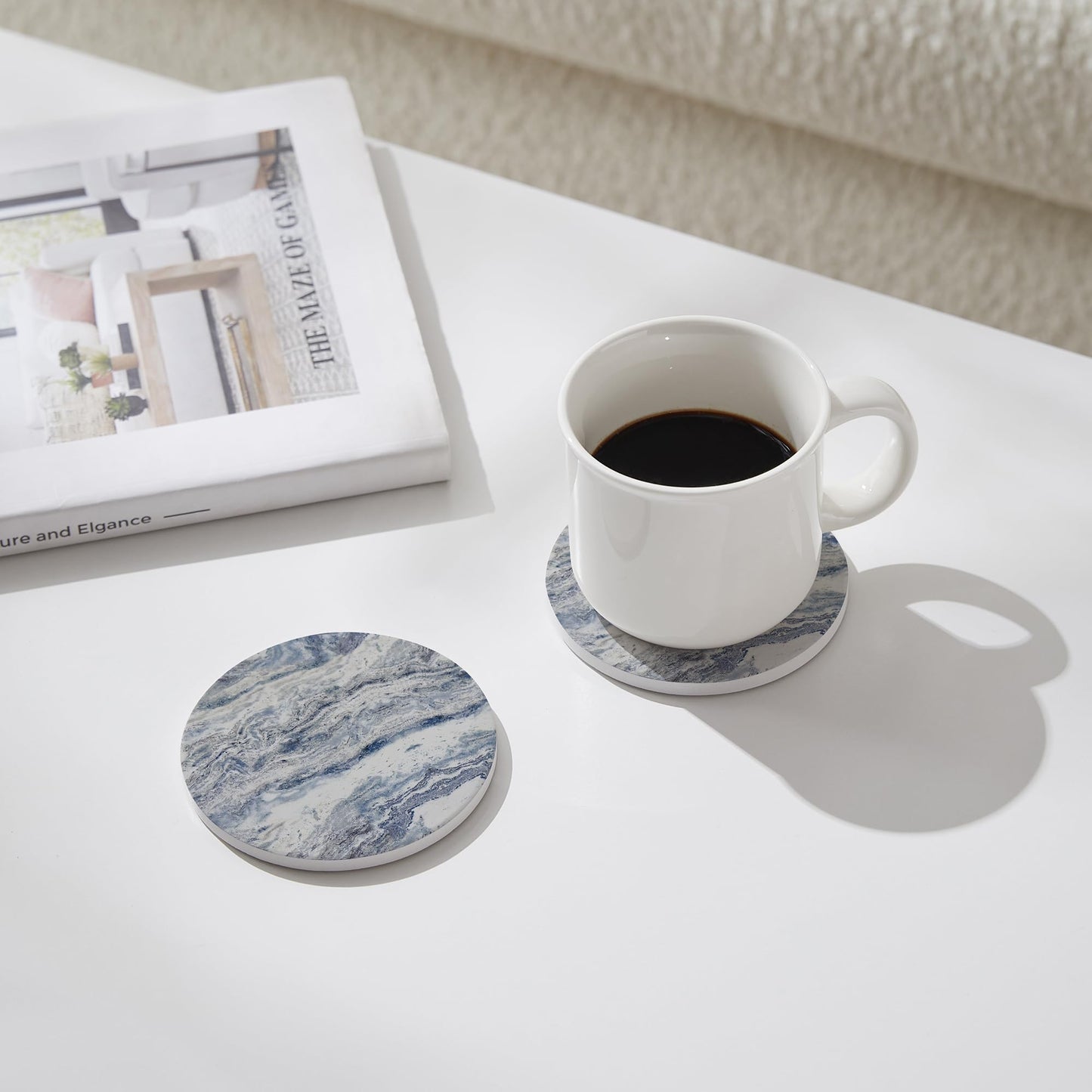 Hoomey Set of 6 Navy Abstract Onyx Marble Coasters with Holder, Absorbent Ceramic Coasters for Drinks, Coasters with Cork Backing for Table Protection, Coffee Table Decor