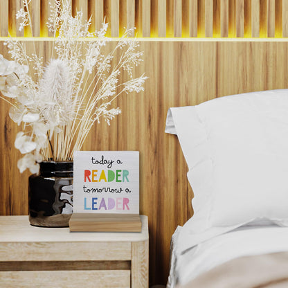 Today a Reader Tomorrow a Leader Wood Plaque Sign,Reading Motivated Wooden Stand Wood Sign Desk Decor for School Library Home Office Table Shelf,Reading Gifts for Women Kids Book Lovers Students