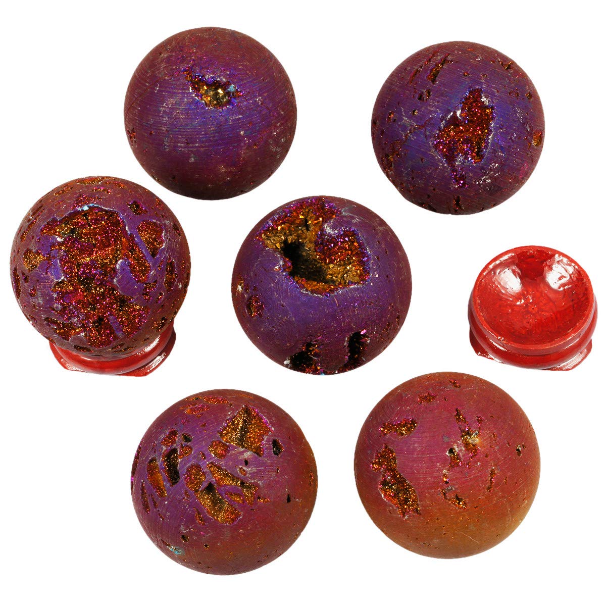 TUMBEELLUWA Druzy Agate Geode Gemstone Titanium Coated Aura Quartz Healing Crystal with Wood Stand Home Decoration,Sphere Ball Shape,Purple