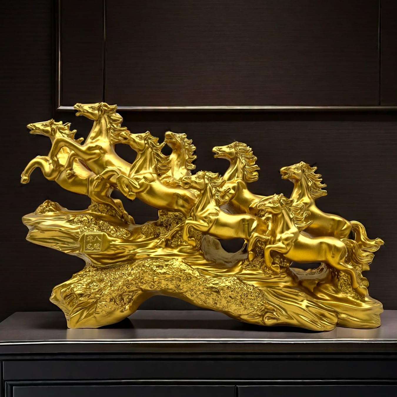 FUNSXBUG Chinese Feng Shui Horses Statue Sculpture - Resin Running Horse Figurines Home Office Decoration Tabletop Decor Ornaments for Wealth and Success Good Lucky Gifts Gold