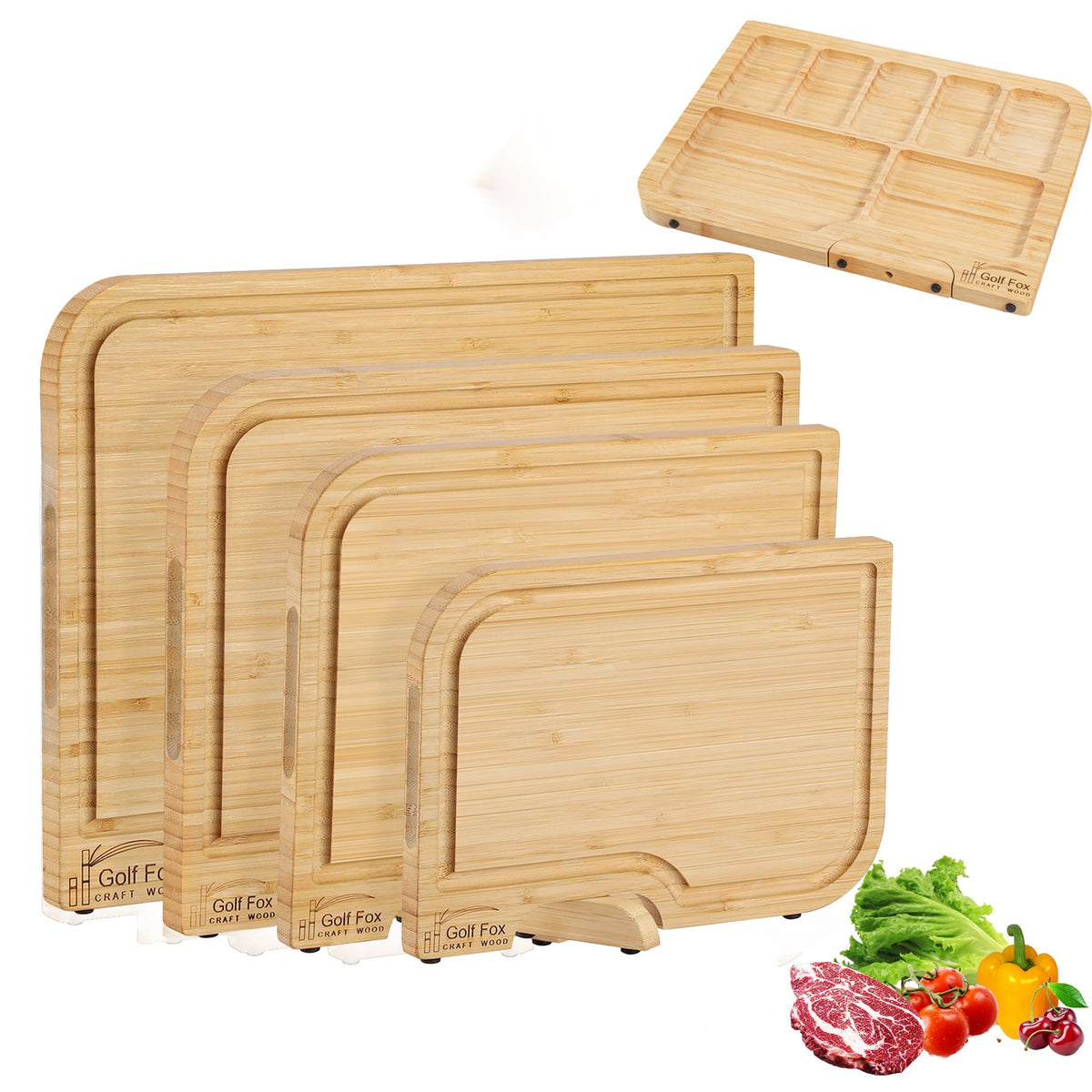 4-PCS Bamboo Cutting Board Set with Innovative Stand - Durable Double Sided Wooden Cutting Board with Juice Groove & Handle for Meal Prep, Meat, Charcuterie Serving, Eco-Friendly Healthy Kitchen Gift