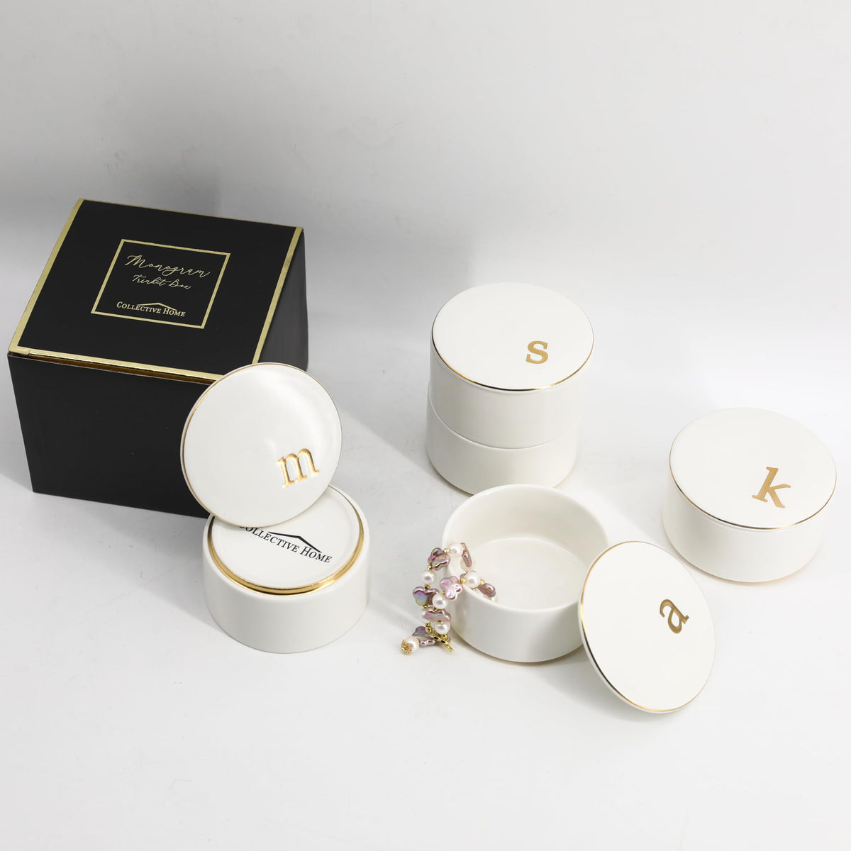 COLLECTIVE HOME - Ceramic Jewelry Box, Elegant Embossed Jewelry Holder, Trinket Organizer with Gold Monogram Lid, Storage for Ring Necklace Bracelet Earrings, Rings and Accessories (m)