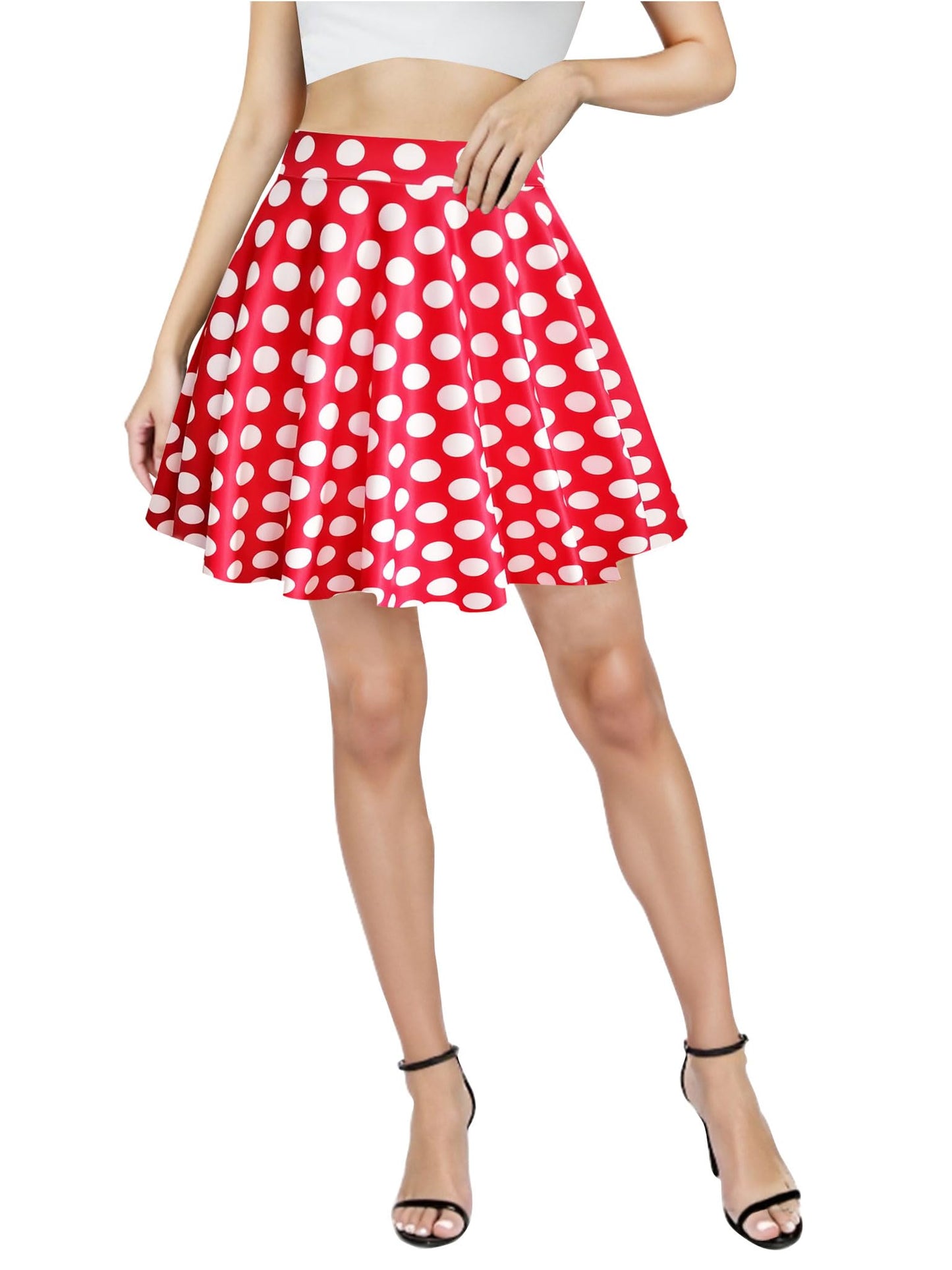 PUKAVT Women's Basic Casual Skirts A-Line Mini Flared Stretchy Skater Party Skirt Red White Dot Medium