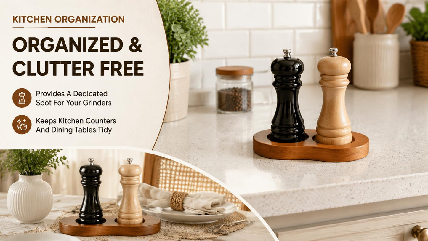 Wood Pepper Grinder Tray Salt and Pepper Mill Holder Rubberwood Stand Organizer for Kitchen Counter Dining Table Spice Grinder Base Storage