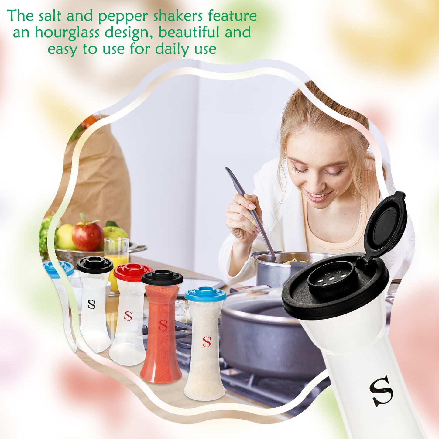 6 Pcs Plastic Salt and Pepper Shakers Hourglass Moisture Proof Salt Shaker with Lids for Kitchen Picnic Seasoning Salt Sugar Chili Powder, 3 Colors