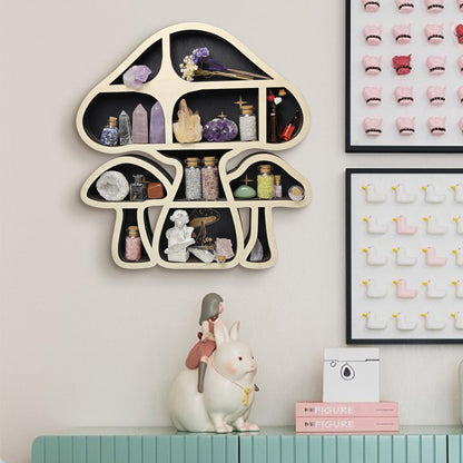 FNYDOX Wooden Mushroom Floating Shelves, Crystal Display Shelf for Wall, Cute Mushroom Wall Decor, Rock Gem Stone Storage Organizer, Essential Oil Holder Hanging Case, Meditation Art Spiritual Gift