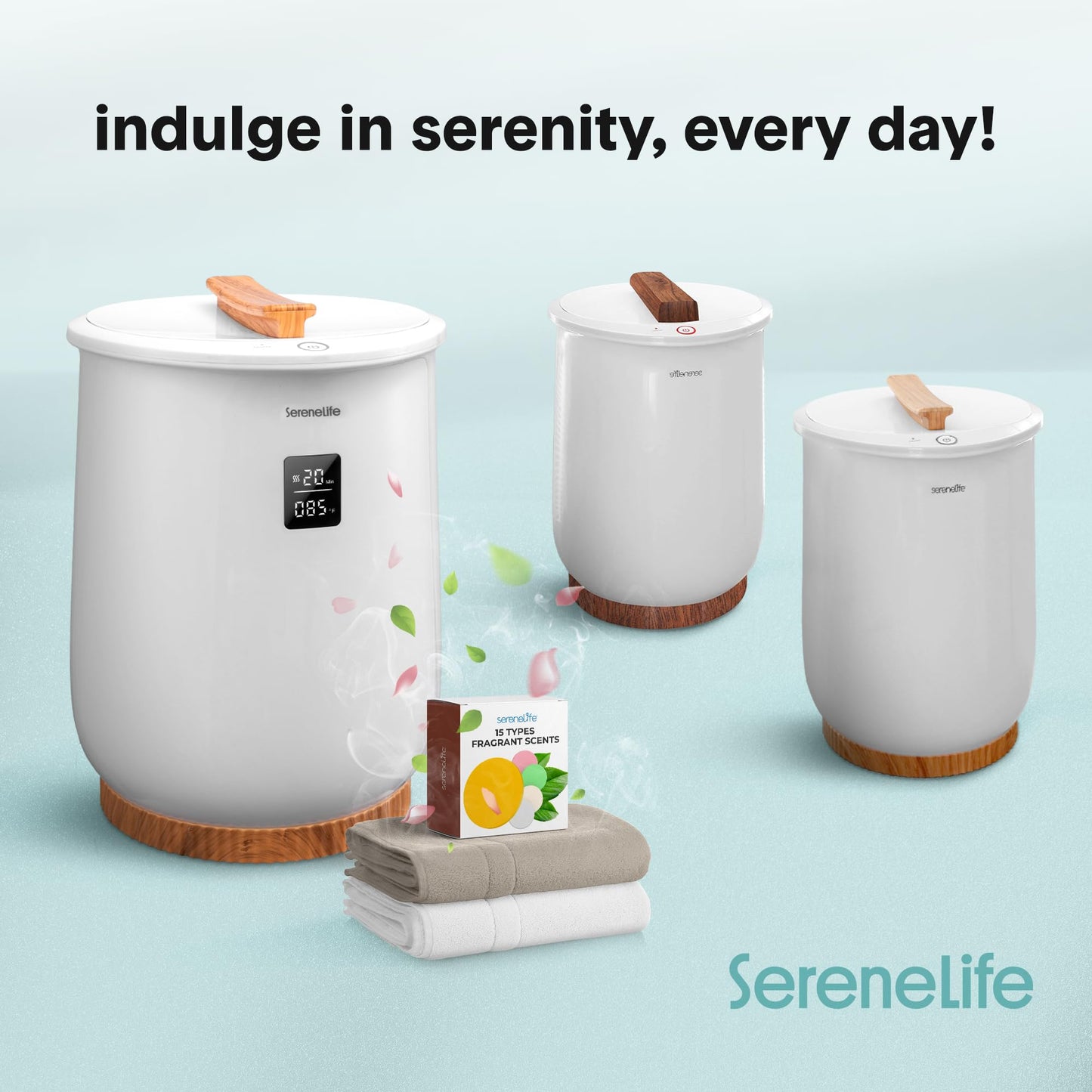 SereneLife Towel Warmer, 20L Capacity Hot Towel and Blanket Warmer with Digital Display, Adjustable Heating Time (20-90 min), Holds 2 Large Towels, Fragrant Disc Holder, 13” x 13” x 19” - inches