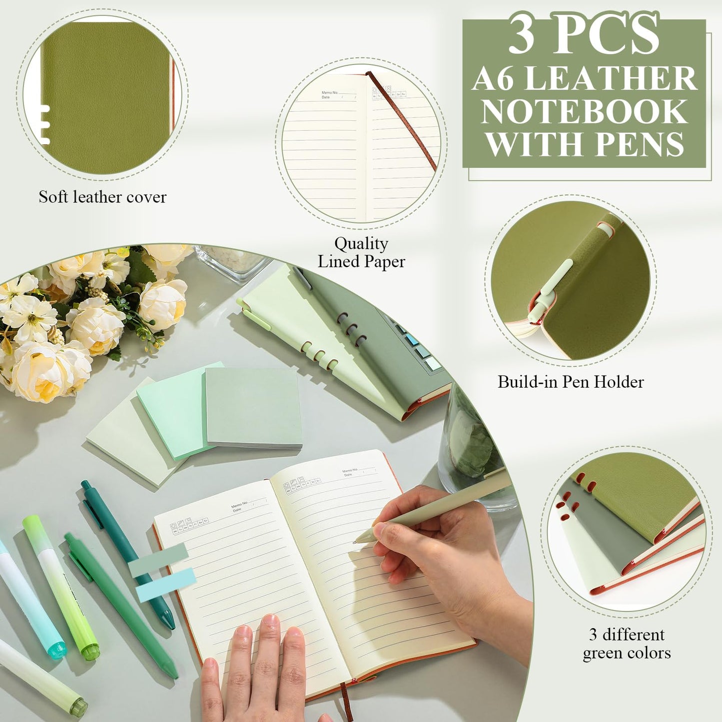 Yiyiring 18 Pcs Sage Green Office School Study Supplies Aesthetic Stationery Set Glass Cup Canvas Tote Bag A6 Leather Journal Notebook Green Sticky Notes for Women Book Lover Librarian Graduation Gift