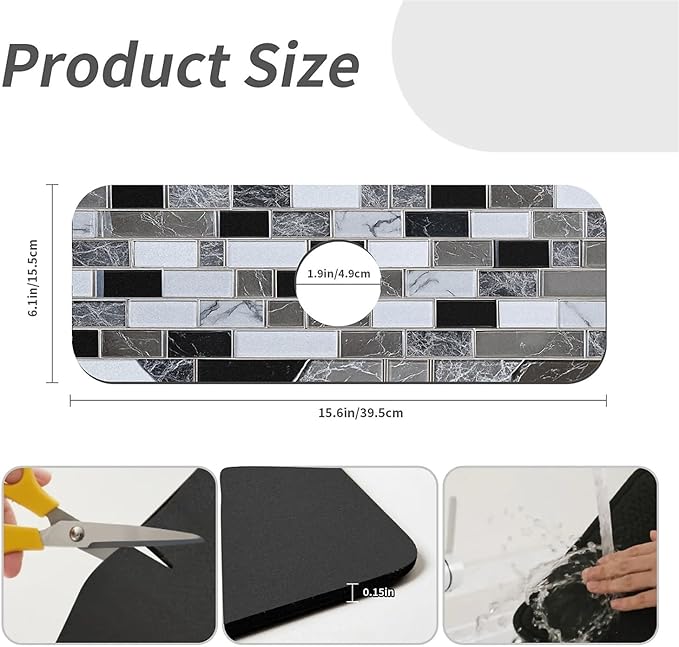 Kitchen Sink Splash Guard，White-black gray tiles Faucet Mat Sink Gadgets-Super