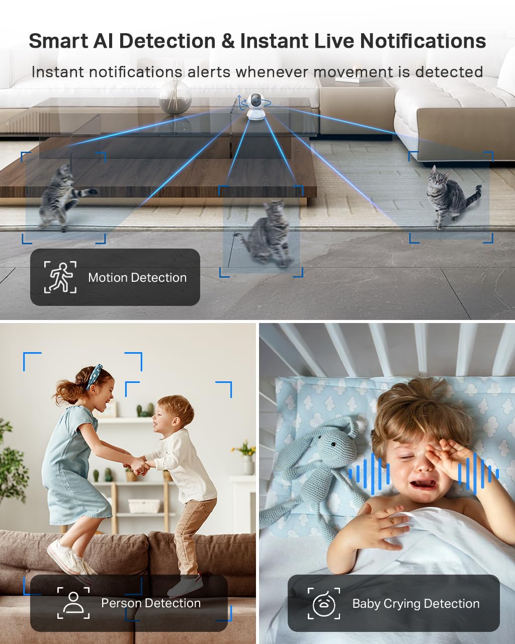 Tapo TC70 Pan/Tilt Indoor Camera House Security Camera, Dog Camera, No Monthly Fee, AI Detection, WiFi Camera, Baby Camera Monitor, 1080p Full HD, 360° View, Night Vision, Works with Alexa & Google