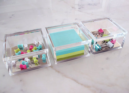 OfficeGoods Acrylic Desk Organizer w/Silver Base – Functional & Elegant Odds & Ends Box for Display or Storage – Perfect for Home or Office, Kitchen, Bathroom Vanity, Curio Display - Medium