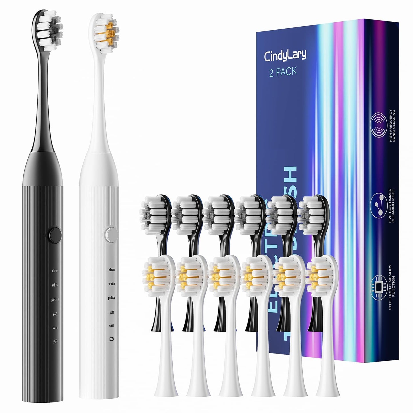 2 Pack Electric Toothbrush for Adults and Kids - Rechargeable Kids Ages 12+ and Adults with 12 Brush Heads & 2 Electric Toothbrush, 90 Days Battery Life - Black and White