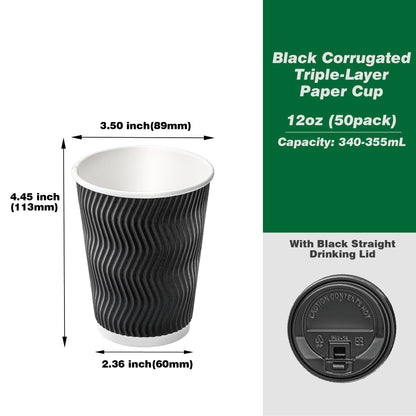 NUPANT 12oz -50 Pack Disposable Coffee Cups with Lids Insulated Corrugated Paper Cups Kraft Ripple Wall Paper Coffee Cups to Go for Hot/Cold Drinks, Disposable Cups for Home Office Party Cafe(Black)