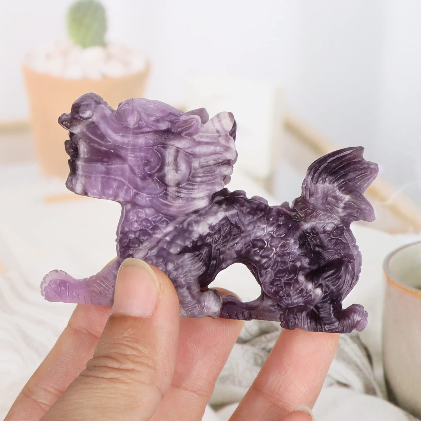 SMQ Amethyst Chinese Dragon Statue Crystal Figurine Feng Shui Decor Carved Gem Purple Dragon Skull Stone Animal Carvings Sculpture Reiki Office Home Crafts Ornament Gift
