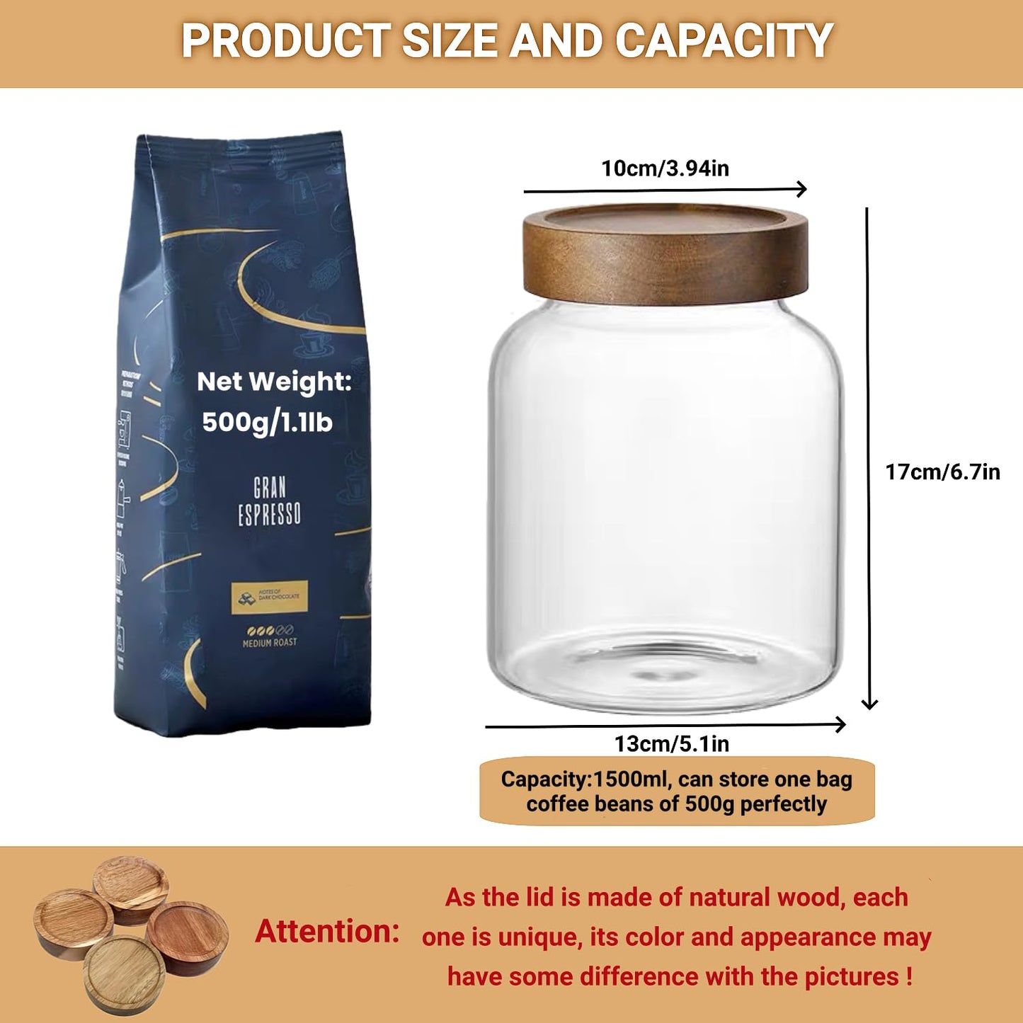 50 Fl oz/1500 ml Clear Glass Jar with Airtight Wooden Screw on Lid, Glass Pantry Canister for 500g Coffee Beans, Kitchen Food Storage Containers for Rice,Flour,Pasta,Sugar,Honey,Tea, Spice,Cereal