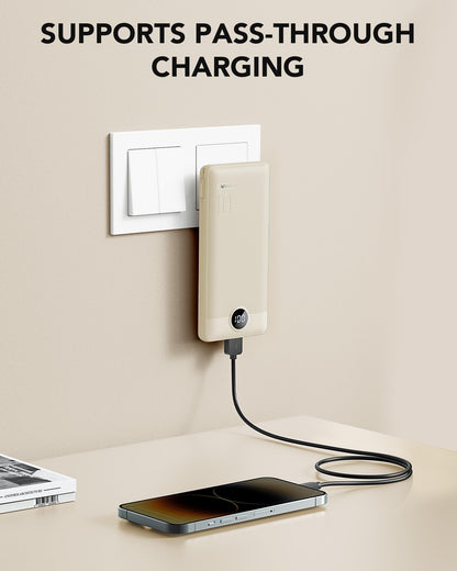 Portable Charger Built-in Cables and AC Wall Plug, USB C Power Bank 10000mAh, Travel Battery Portable Phone Charger Compact Lightweight External Battery Pack for Smart Phones, Tablets etc-Light Coffee