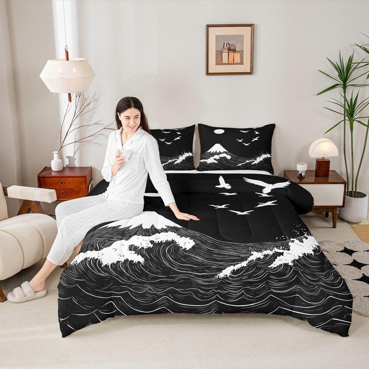jejeloiu Black Japanese Style Comforter Set Queen Size Wave Bedding Set for Kids Boys Girls Mountain Duvet Quilt Ocean Wave Bedroom Decor Microfiber 3 Pcs with 2 Pillow Cases