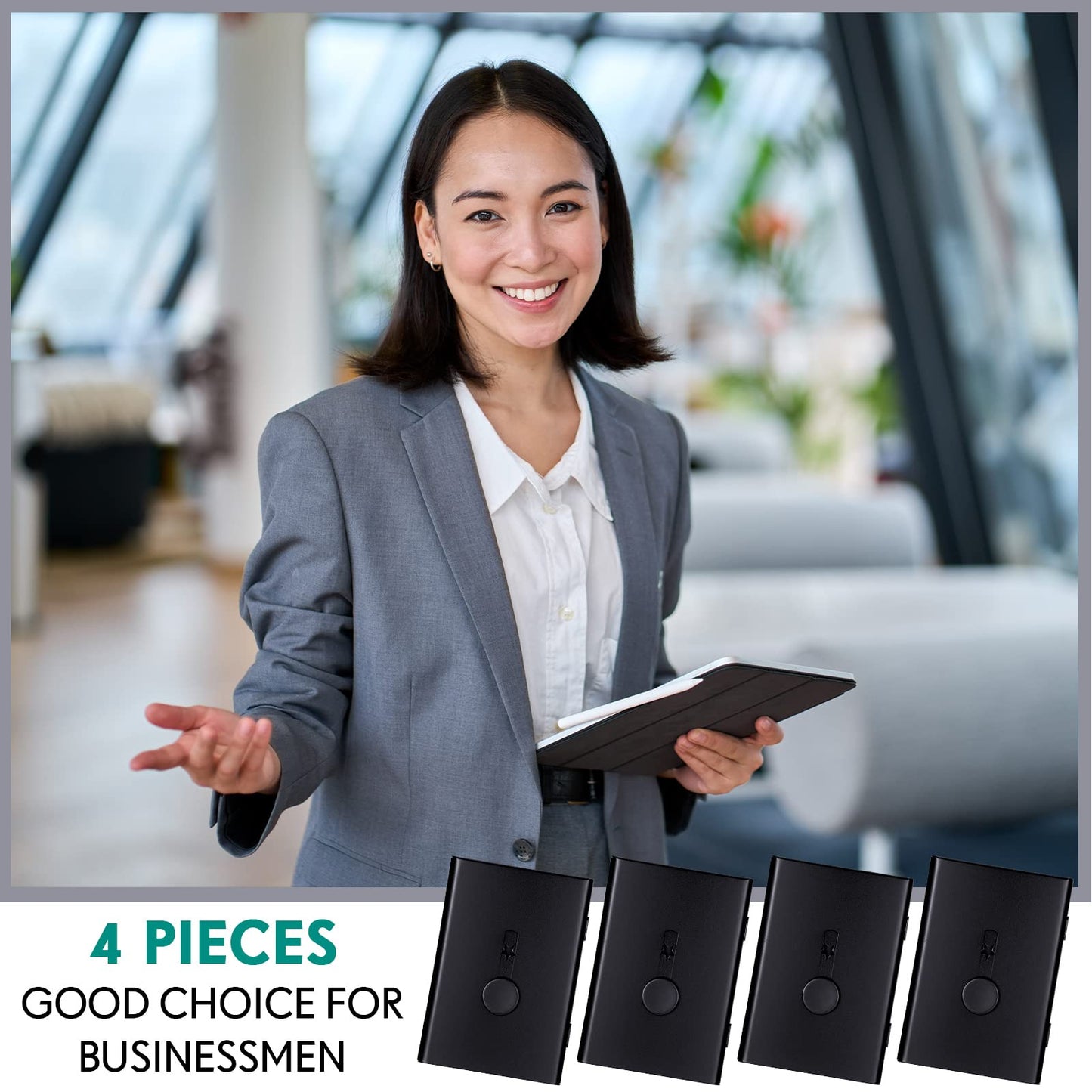 Nuanchu 4 Packs Black Business Card Holder Thumb Drive Business Card Case Metal Slide out Portable name holder Pocket name Case for Men Women Credit ID(Black)
