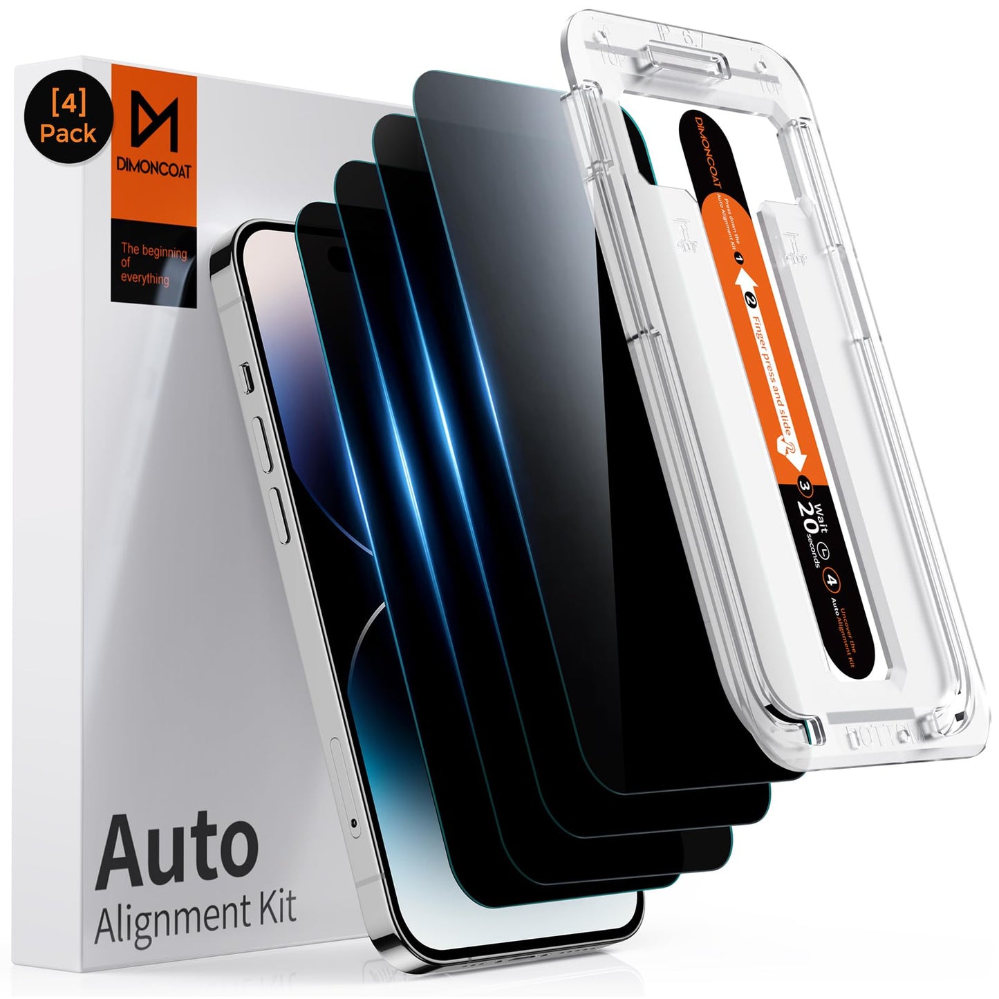 DIMONCOAT 4-PACK TOP 9H+ Glass for iPhone 15 Pro Privacy Screen Protector [Auto Alignment Kit] [10X Military Protection] UNBREAK Tempered Glass Film for iPhone 15 Pro 6.1 inch [Case Friendly]