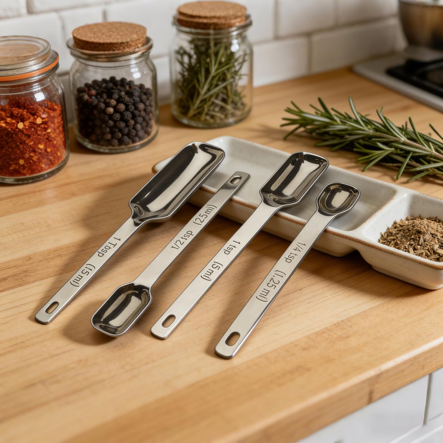 WAHMLA Stainless Steel Measuring Spoons Set of 7 with Leveler, Long Handle Rectangular Metal Teaspoon Tablespoon for Measuring Kitchen Spice, Dry & Liquid Ingredients