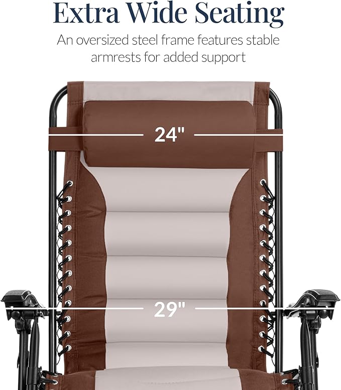 Best Choice Products Oversized Padded Zero Gravity Chair, Folding Outdoor Patio Recliner, XL Anti Gravity Lounger for Backyard w/Headrest, Cup Holder, Side Tray, Polyester Mesh - Brown/Oyster